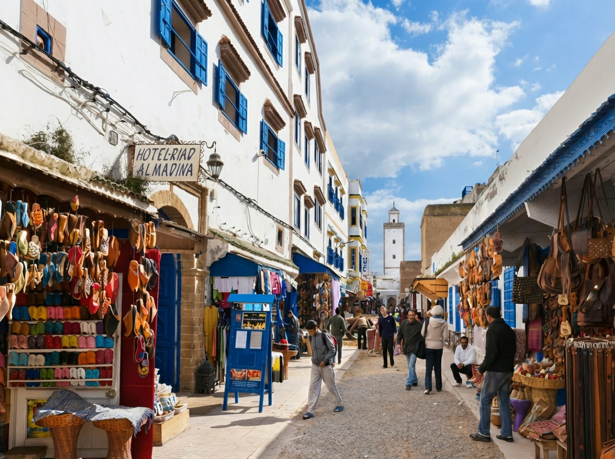 Vibrant Essaouira fishing port with traditional blue fishing boats and seagulls
